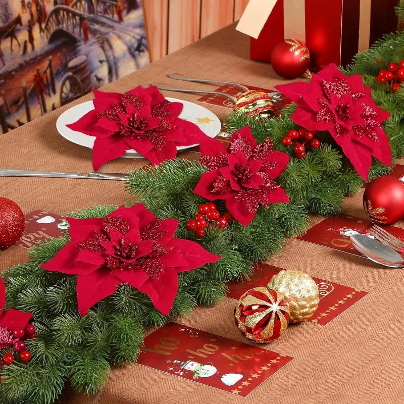 Grandes flores de Natal com glitter e prendedor – Brilho, elegância e magia natalina para sua casa! 