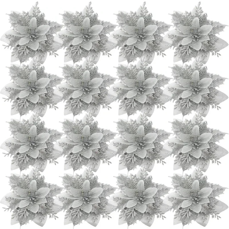 Grandes flores de Natal com glitter e prendedor – Brilho, elegância e magia natalina para sua casa! 