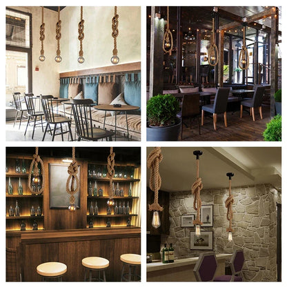 Luminária pendente vintage em corda de cânhamo – Soquete E27, estilo industrial.