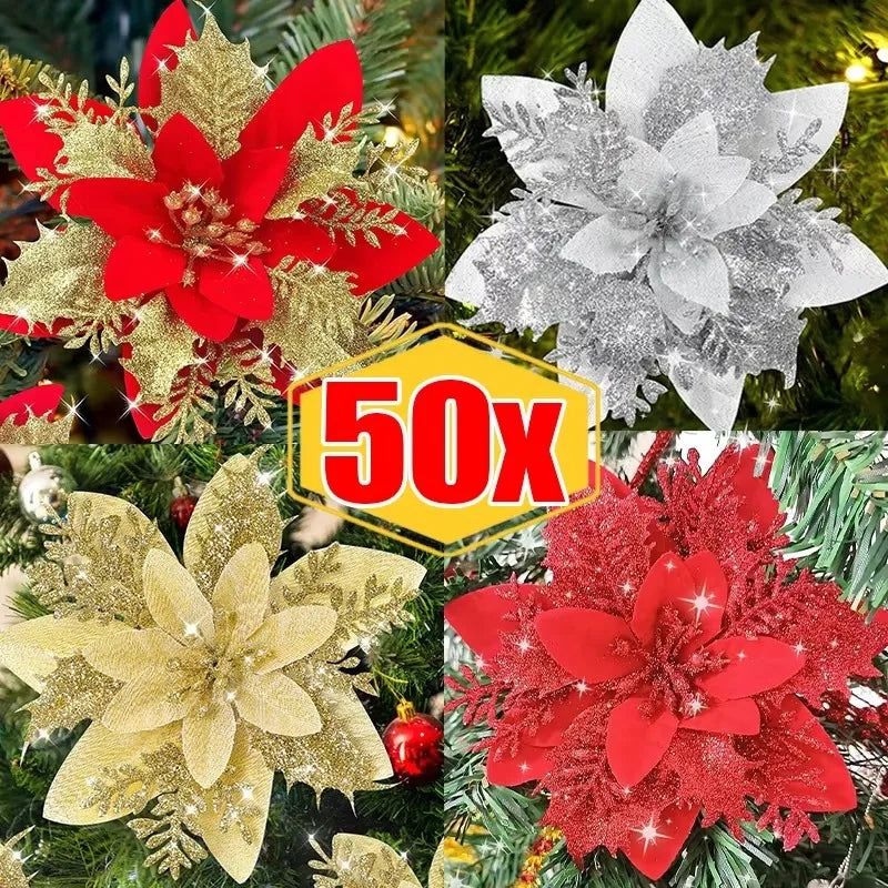 Grandes flores de Natal com glitter e prendedor – Brilho, elegância e magia natalina para sua casa! 