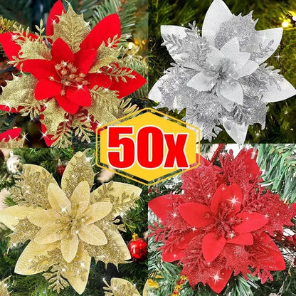 Grandes flores de Natal com glitter e prendedor – Brilho, elegância e magia natalina para sua casa! 