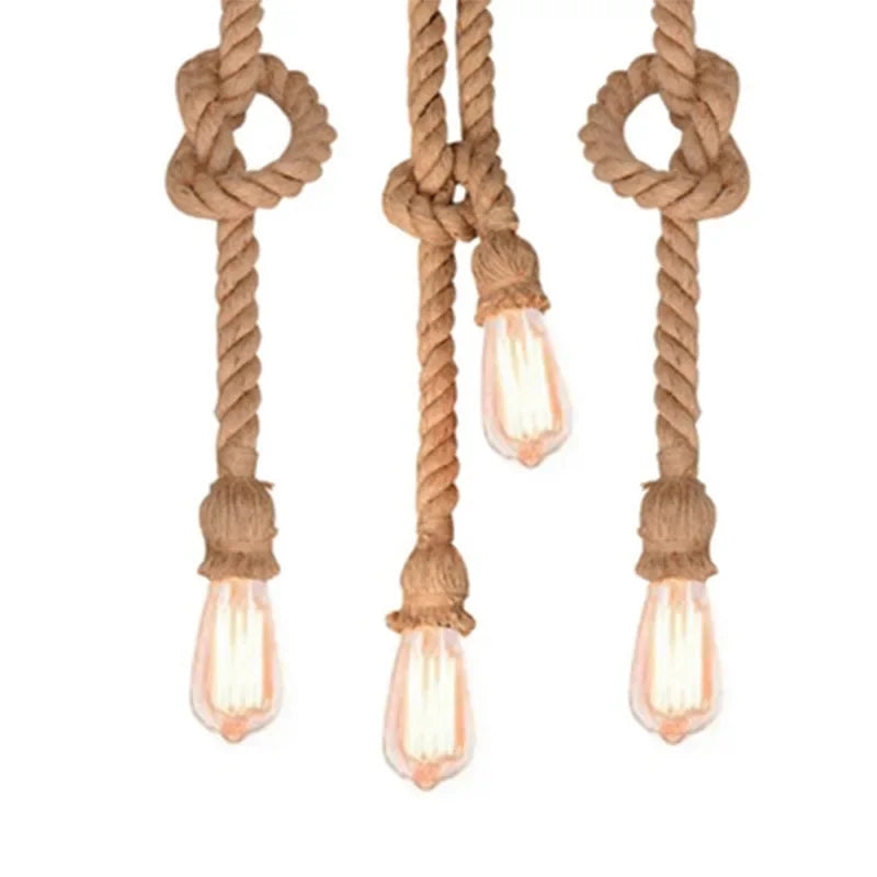 Luminária pendente vintage em corda de cânhamo – Soquete E27, estilo industrial.